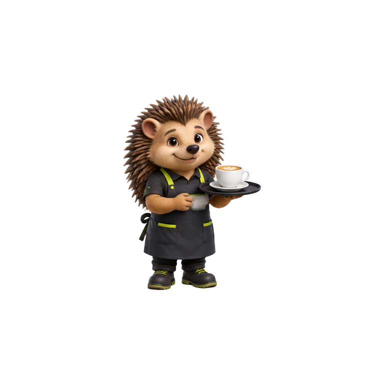 Original hedgehog barista mascot for cafés & coffee shops website design