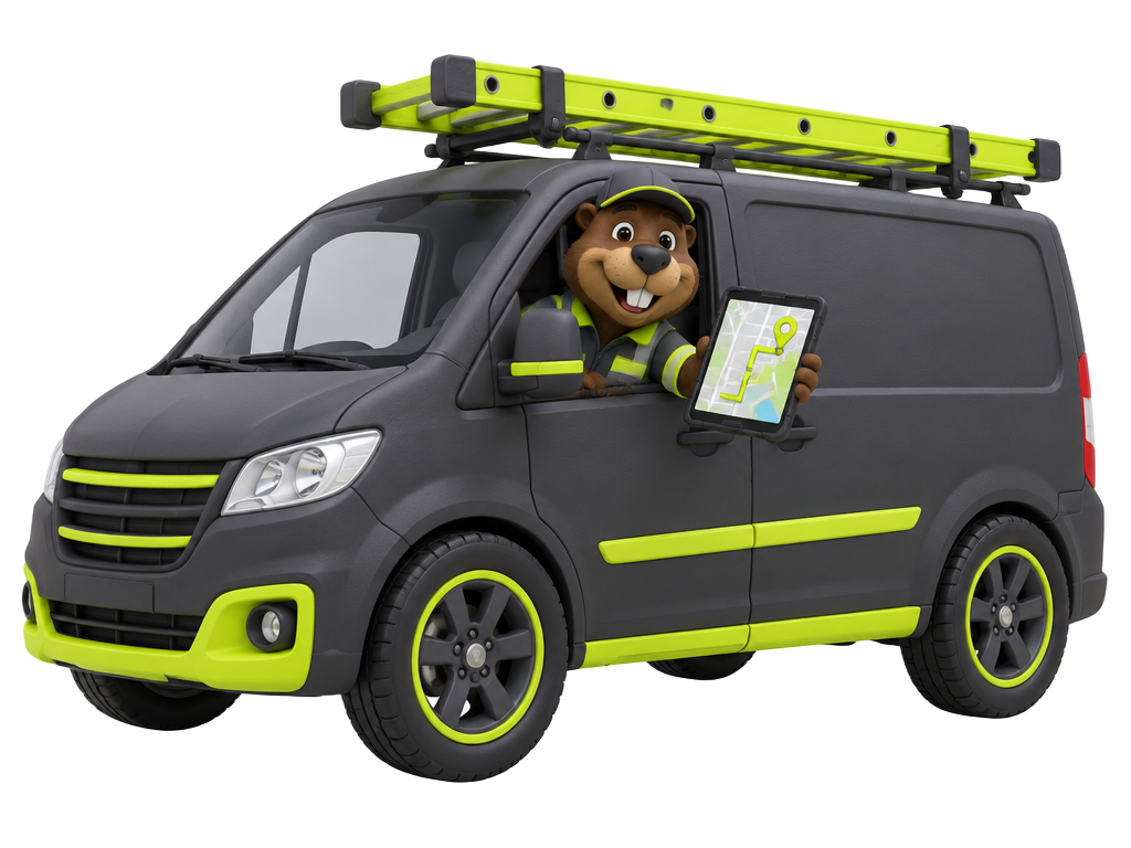 Beaver field engineer in a charcoal-and-lime service van with a ladder and GPS tablet