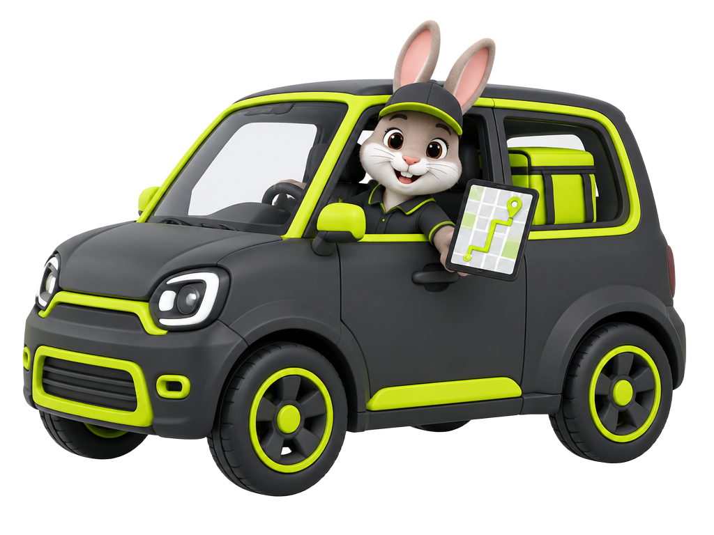 Rabbit food courier in a charcoal-and-lime delivery car holding a GPS tablet