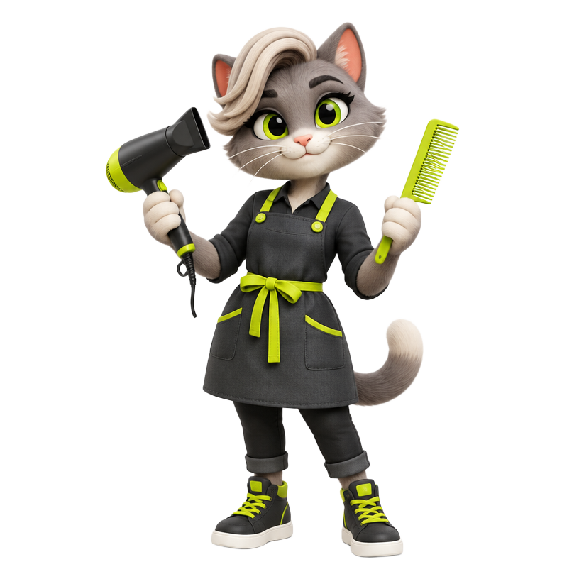 Original cat hairdresser mascot for hair salons & hairdressers website design