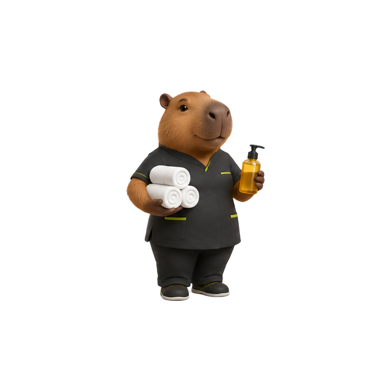 Original capybara massage therapist mascot for massage therapists website design