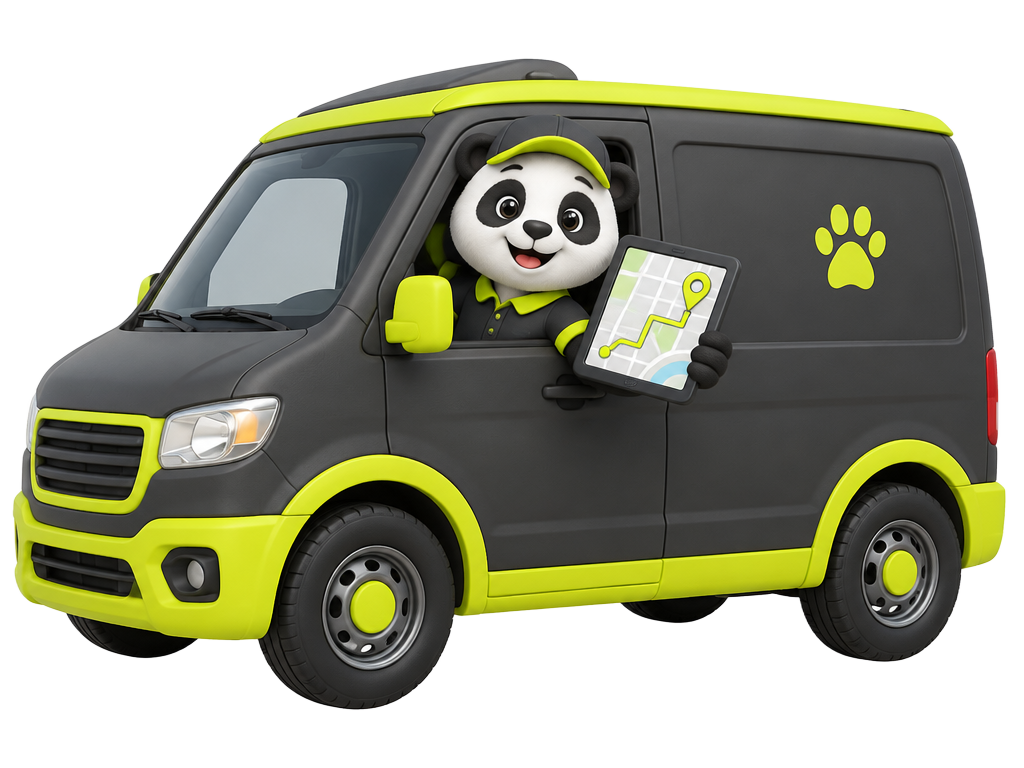 Panda mobile services driver in a charcoal-and-lime van holding a GPS tablet