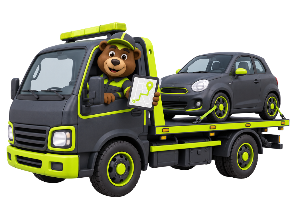 Bear recovery driver leaning out of a charcoal-and-lime recovery truck with a GPS tablet