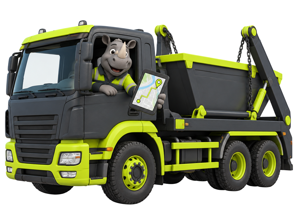Rhino skip-hire driver leaning out of a charcoal-and-lime skip truck with a GPS tablet