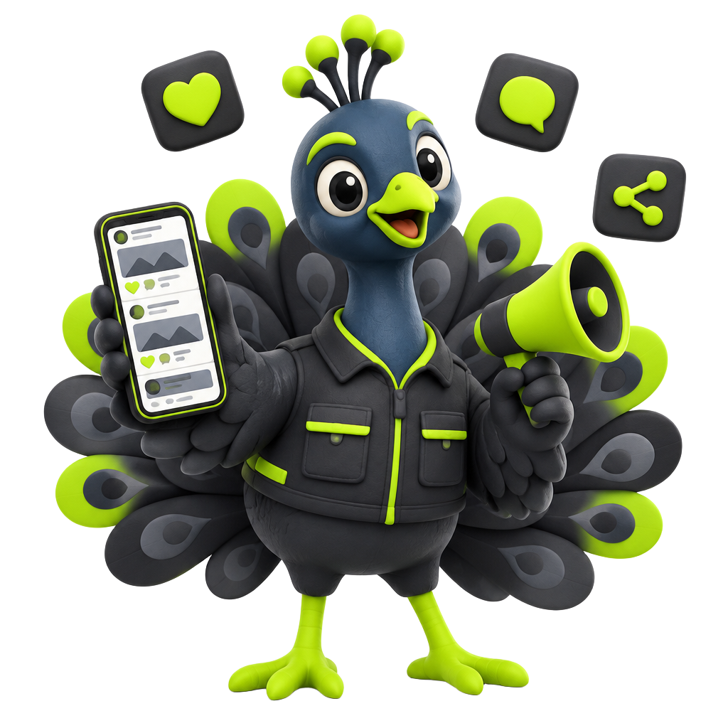 Peacock mascot with a megaphone and phone, representing social media marketing