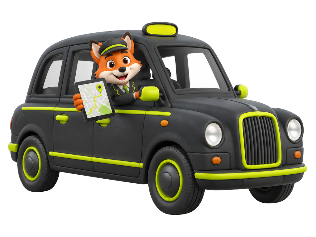 Fox taxi driver with an arm out of a charcoal-and-lime taxi window holding a GPS tablet